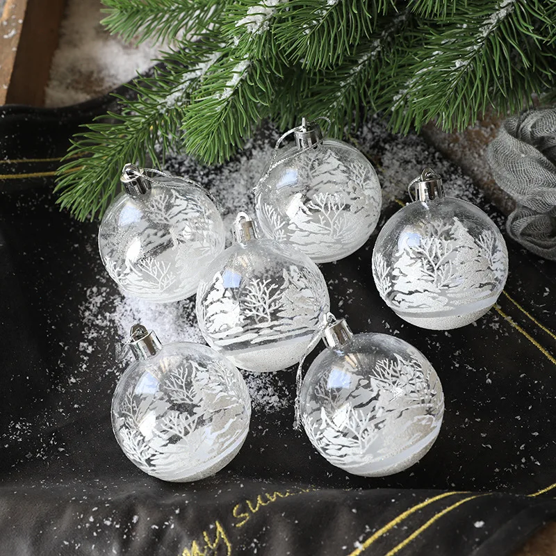 6pcs Transparent Plastic Christmas Ball Ornament Set Painting White Snow Ball Xmas Tree Hanging Decor New Year Party Supplies