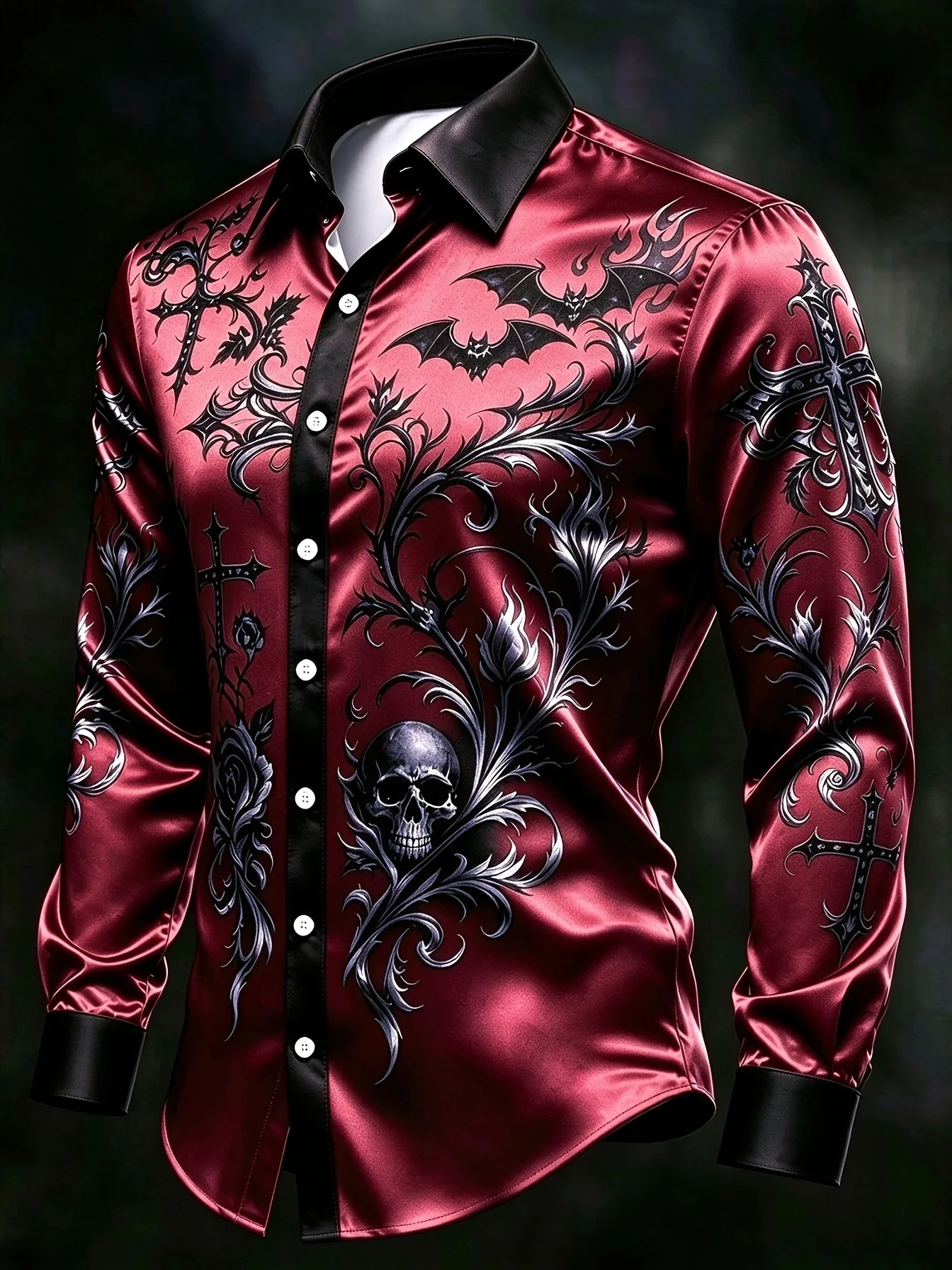 Men's Shirt Long Sleeve Halloween Devil Bat Wing Graphic Print Turn‑Down Collar Button Loose Casual Autumn Holiday Men Clothes