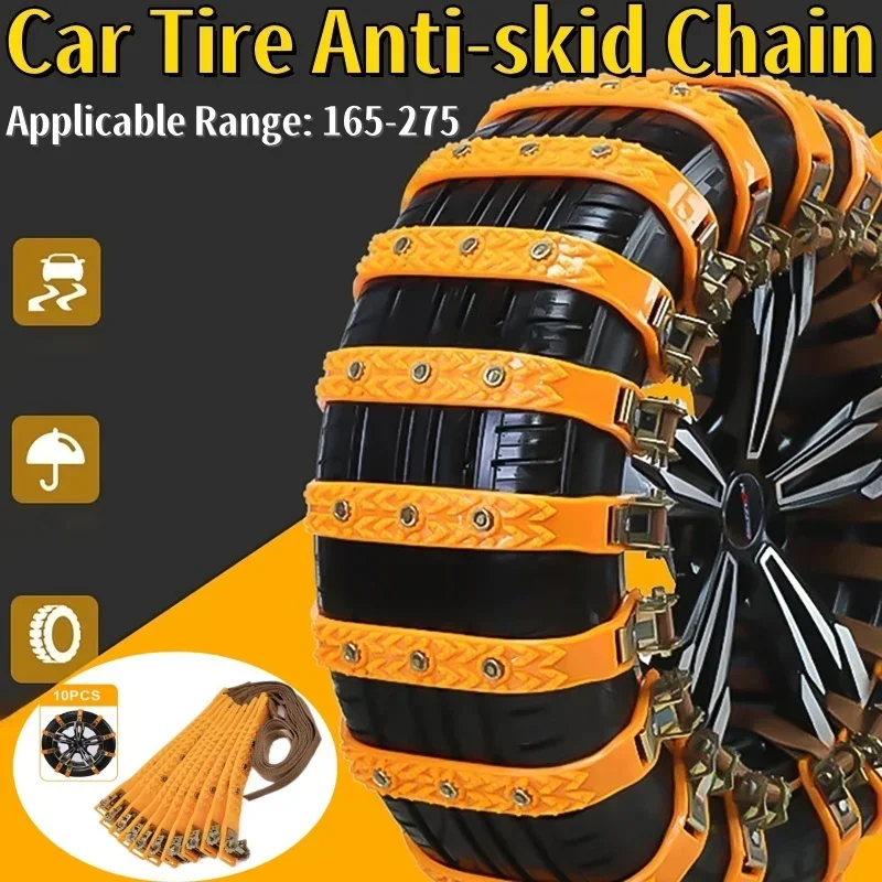 10PCS Universal Car Tire Anti-Skid Chain Winter Wheel Chain with Gloves, Storage Bag For 165-275 Tires