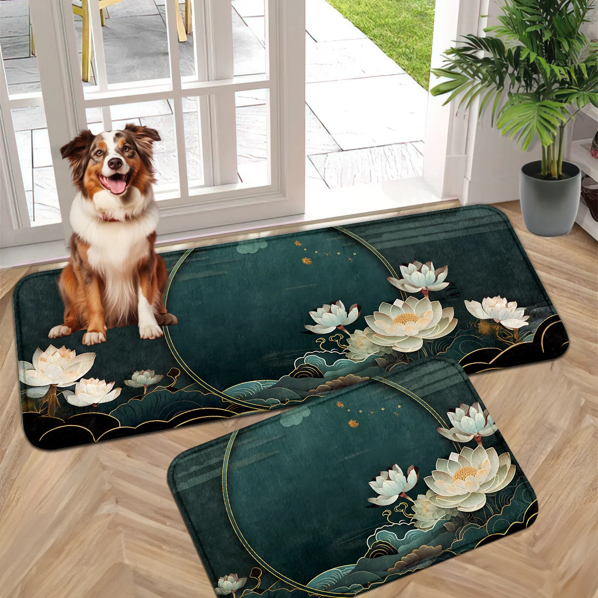 Neuer Teppich im chinesischen Stil: Smaragd-Lotus-Küchenteppich, langer Teppich für Küche, Schlafzimmer, Wohnzimmer, Eingangsbereich, Fußmatte
