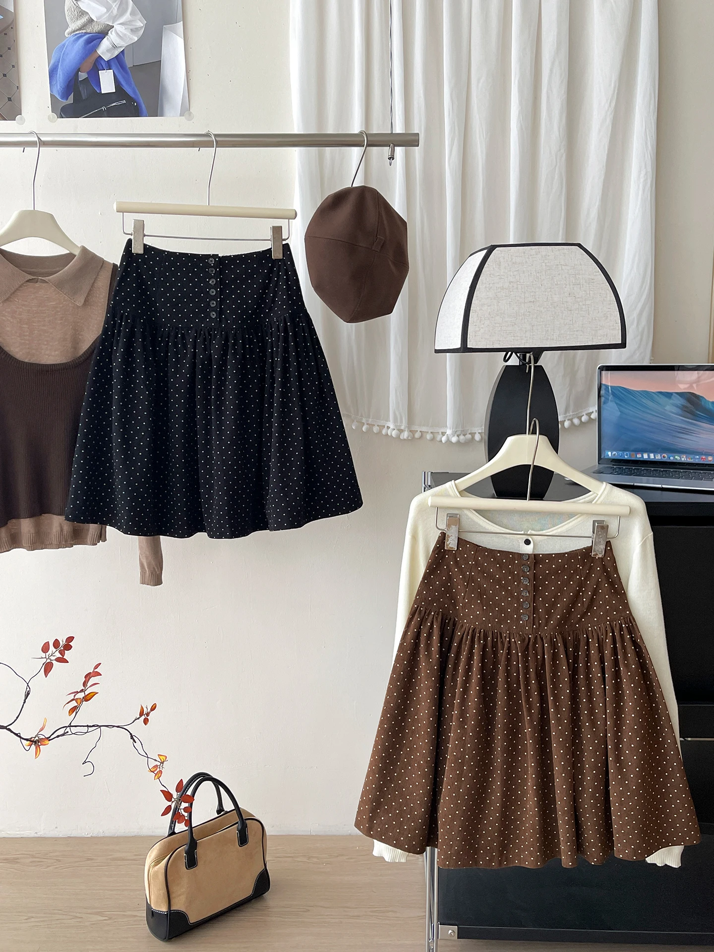 Miu Series Retro Polka Dot Single Button Corduroy Flower Bud mid Skirt Women Autumn Versatile Puffy Half Skirt Korean Style