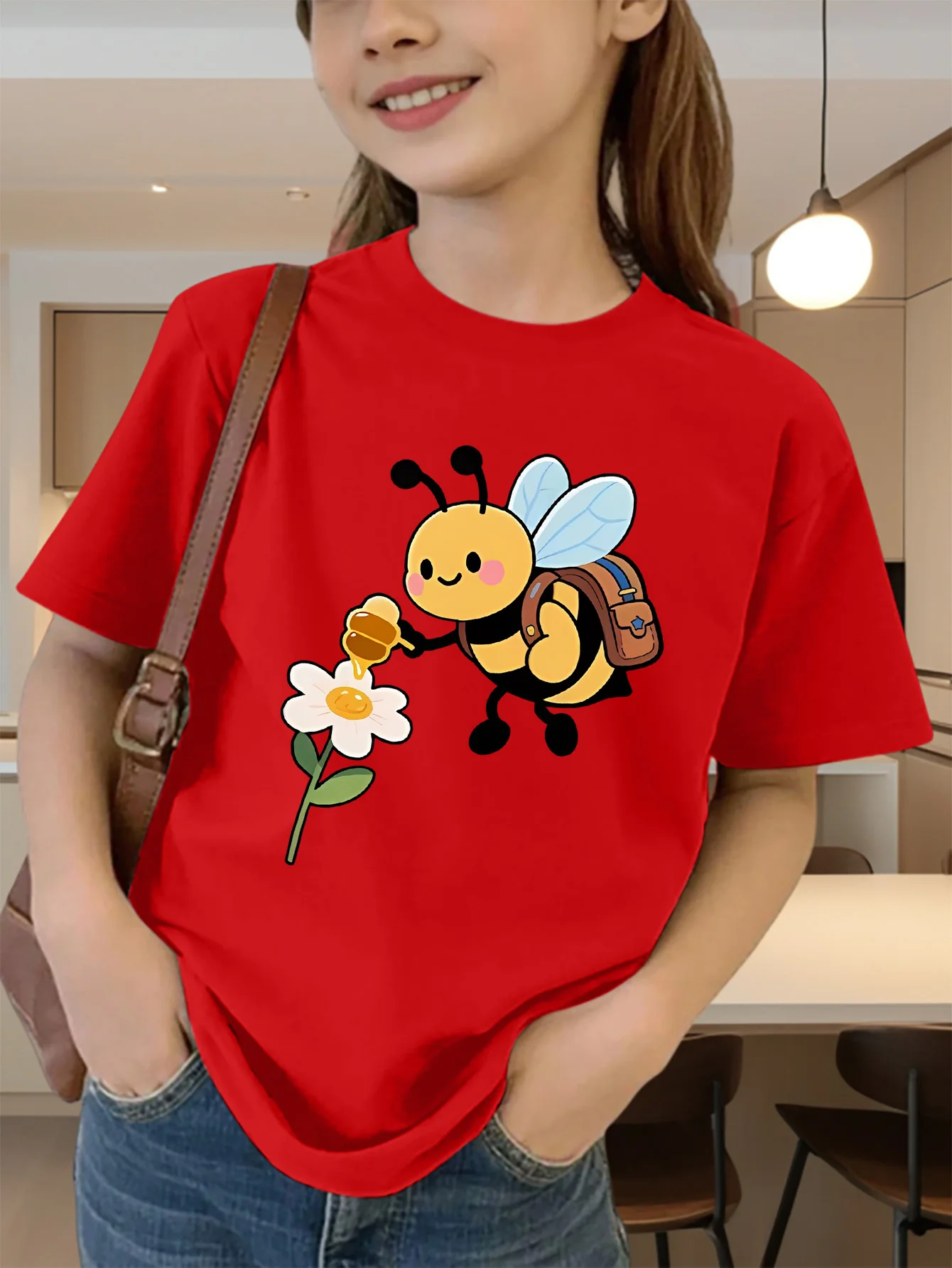Backpack Bee Flower Cartoon Print Boys Girls T Shirt Sweet Insect Kids Tee Parent Child Matching Casual Summer Family Daily Tops