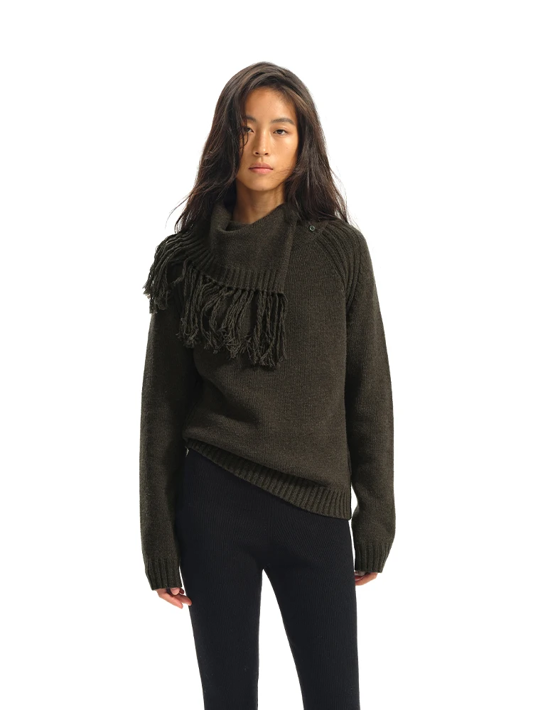 

NO ANSWER Vintage Slim Fit Scarf Knitted Sweater Women's Autumn Winter Warm High Collar Long Sve Knitwear Color