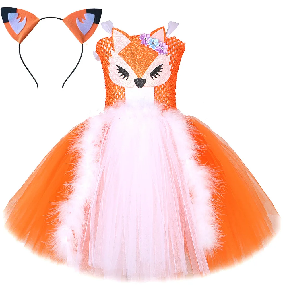 Orange White Fox Tutu Dress for Girls Birthday Party Carnival Fancy Dresses Animal Cosplay Halloween Costume for Kids Clothes