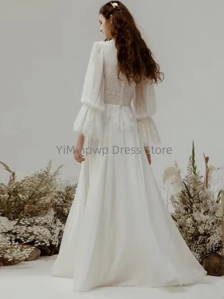 Vestidos de boda fluidos, cuello alto, manga abombada, corte en A, vestido de novia de gasa con botones de encaje, vestido de novia personalizado