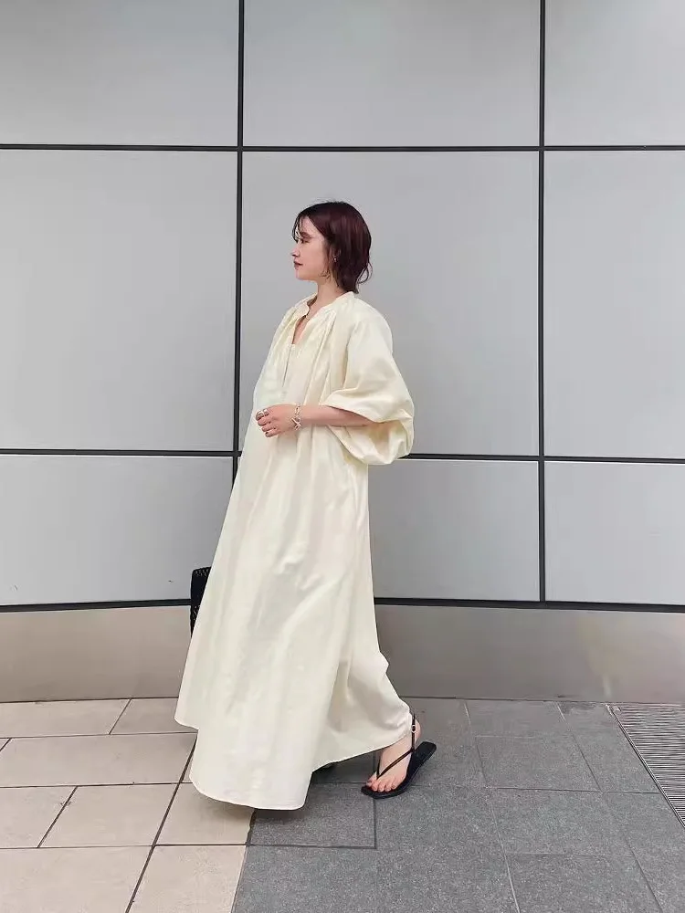 Tannt vestido feminino lanterna manga com decote em v camisas longas vestidos para mulheres moda vintage longo solto vestidos de verão 2025 novo