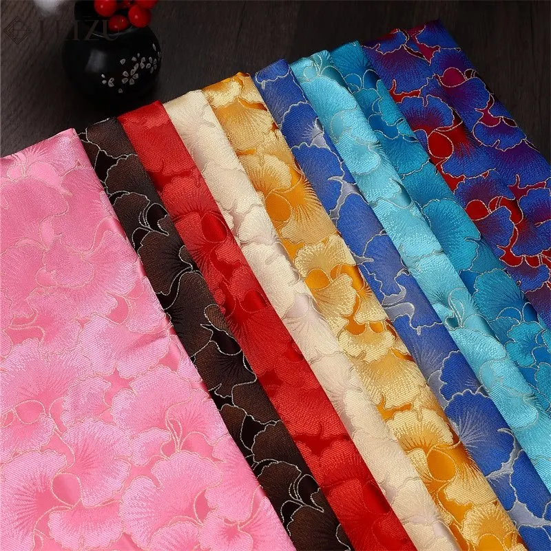 

0.5/1/2M Brocade Fabric Maple Leaf Jacquard Silk Satin Ginkgo Leaf Printed Cloth Festive Ethnic Style for Sewing Dress,Cheongsa