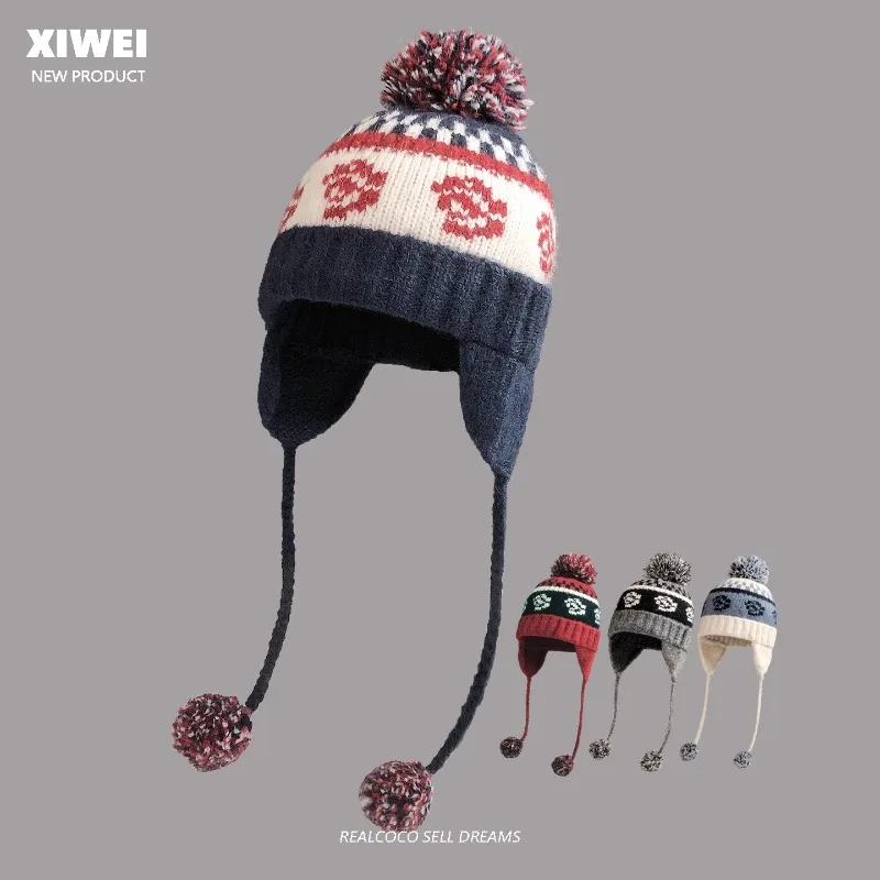 Fairland Style Retro Jacquard Cute Pom Pom Knitted Pullover Hats Women Autumn Winter Warm Ear Protection Casual Beanies Y2K