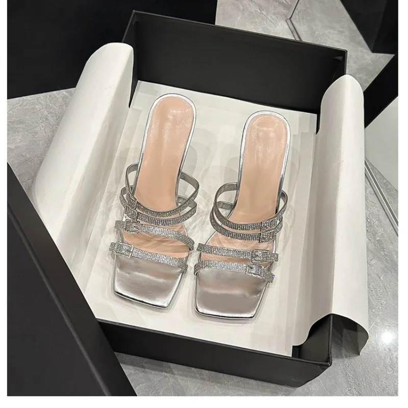 

Women's Large Size Slippers Rhinestones Thin Heels Belt Buckle Shoes Women Dress Square Toe Summer Fashion Zapatillas De Mujer