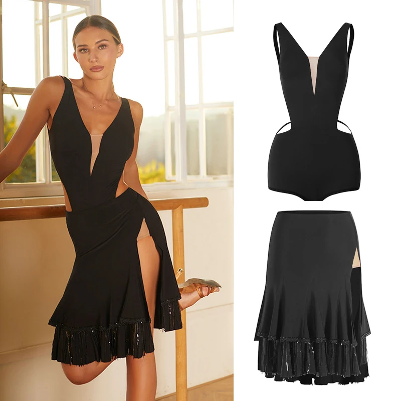 

Новое латинское танцевальное платье для женщин: сексуальный боди с пайетками, юбка с разрезом, костюм для выступлений и соревнований, платье с бахромой