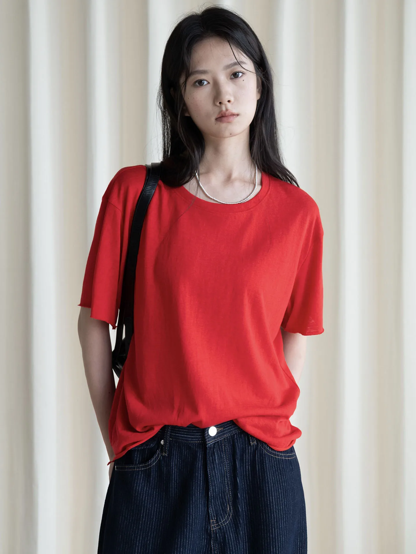 Summer new French relaxed and lazy round neck small rolled edge solid color T-shirt loose slimming top for women