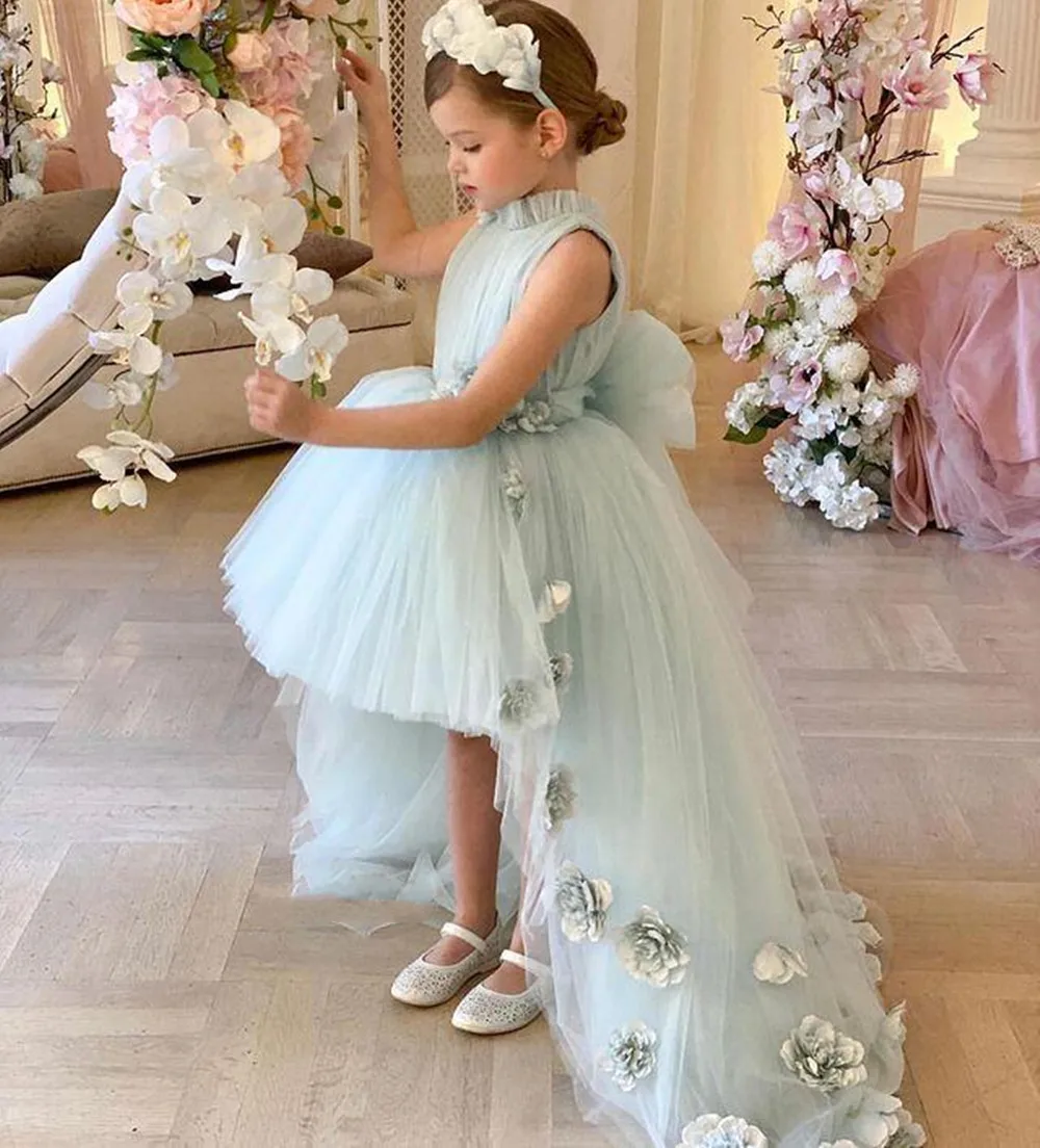 

New Lace Tulle Cupcake Flower Girls Dresses with High Neck Crystal Sash Little Birthday Party Gown Lace