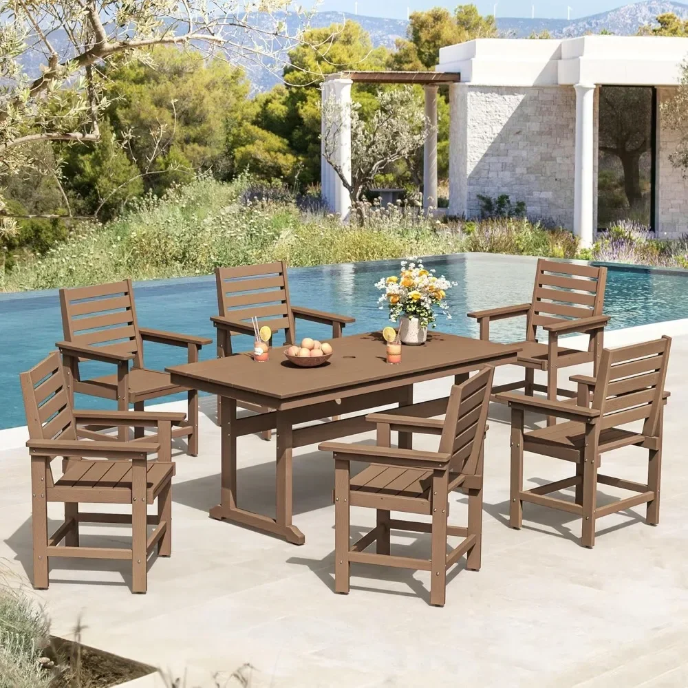 Patio Table and Chairs Set 7 Pieces, with Umbrell Hole, with 6 Patio Chairs, Weather Resistant Outdoor Dining Sets