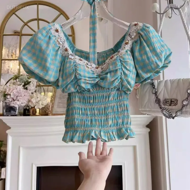 Vintage Euramerican Sweet Puff Short Sleeve T Shirts Harajuku Heavy Diamond Lace Women Clothes Y2k Fresh Plaid Streetwear Shirts