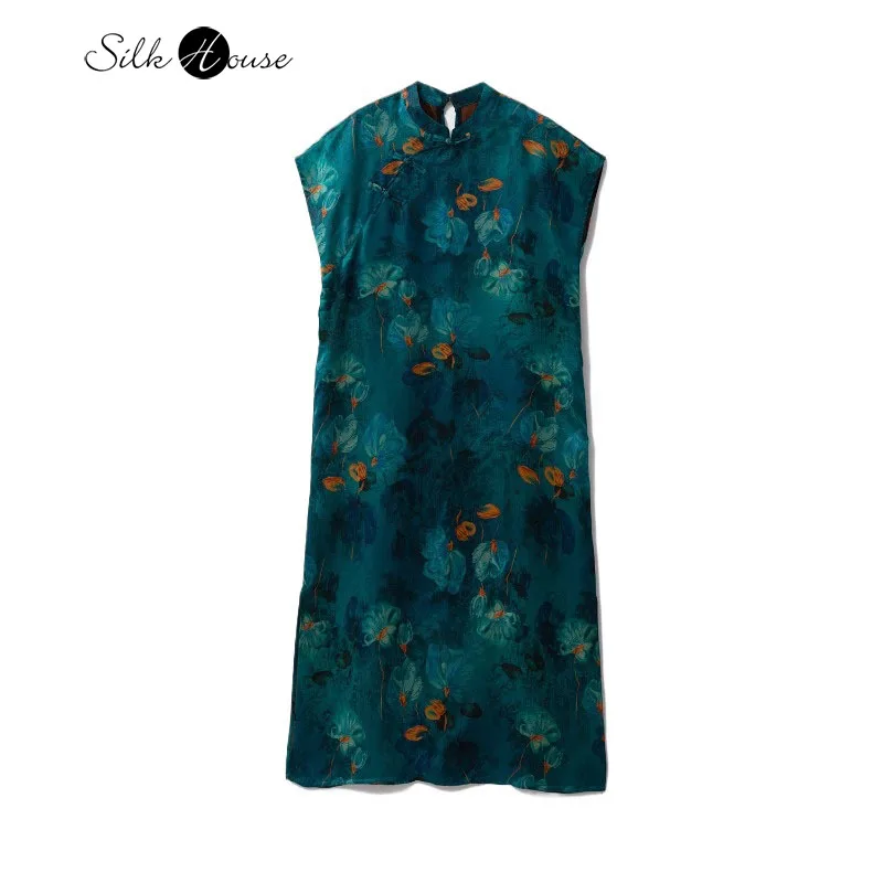 

National Style 100% Natural Mulberry Silk Gambiered Guangdong Gauze Stand Up Collar Cheongsam Printed Women's Fashionable Dress