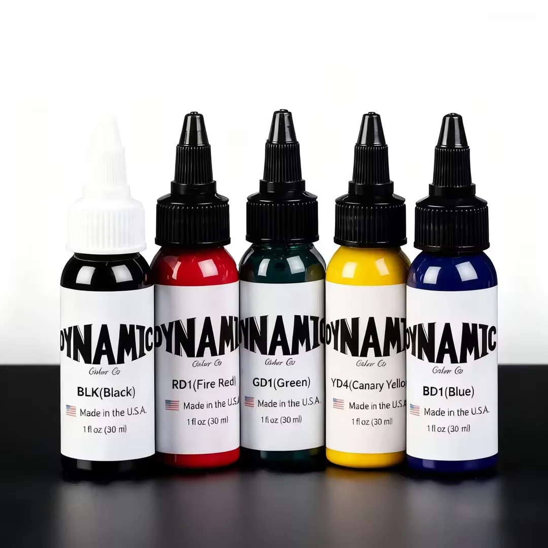 5 Bottles Tattoo Ink Set (1 Oz Each) Professional Tattoo Pigment Includes: Black. Canary Yellow. Blue. Green, Fire Red