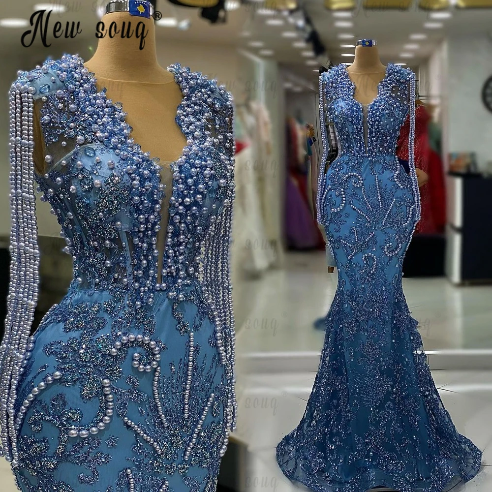 Blue Deep V Neck Cut Out Party Dress Shoulder Tassel Long Mermaid Wedding Guest Gowns Shiny Beading Prom Dress Custom Made 2023