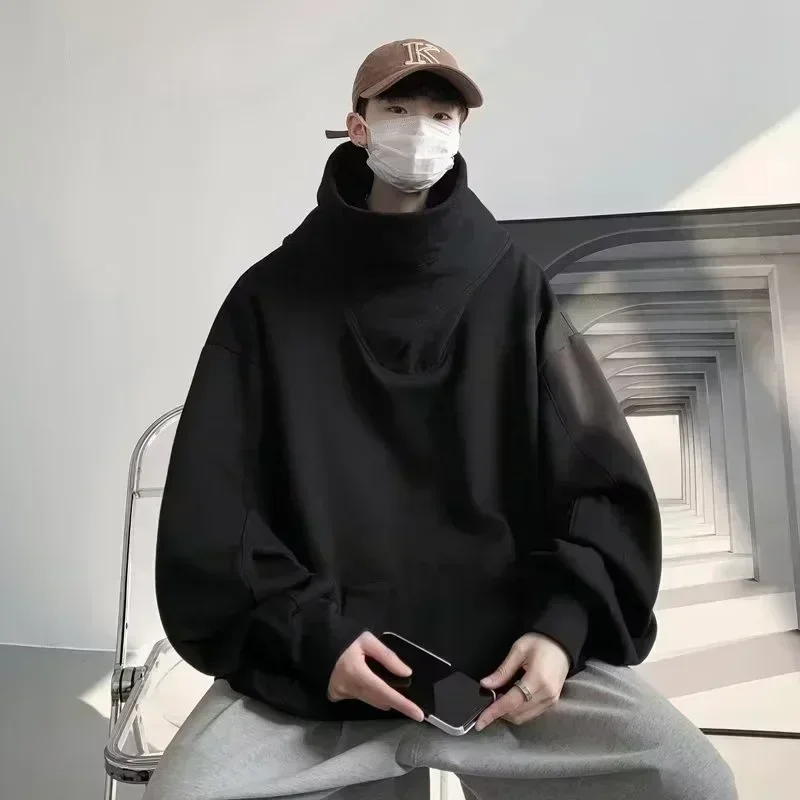 Sonbahar düz renk Ninja balıkçı yaka Hoodies erkekler için Y2K Vintage polar tişörtü Hip Hop japon streetwear büyük boy kapşonlu