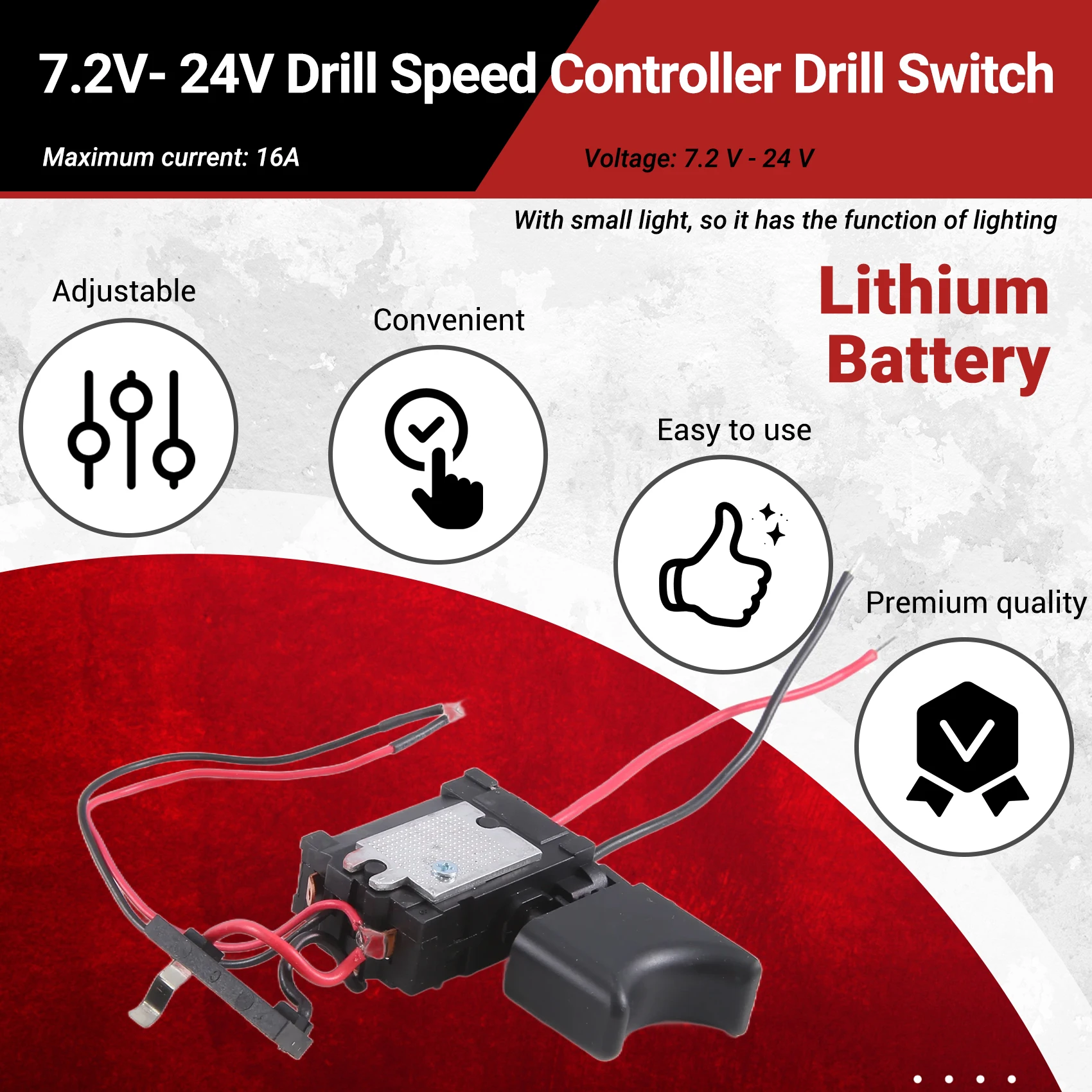 ABFKL 7.2V- 24V Drill Speed Controller Drill Switch Lithium Battery Cordless Drill Speed Control Trigger Switch with Light