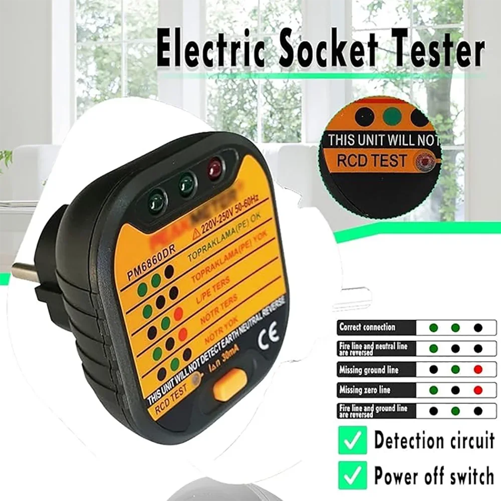PEAKMETER-gniazdo Tester 6860DR 220-250V automatyczny tester gniazd narzędzie diagnostyczne neutralny test linii uziemienia na żywo Test RCD