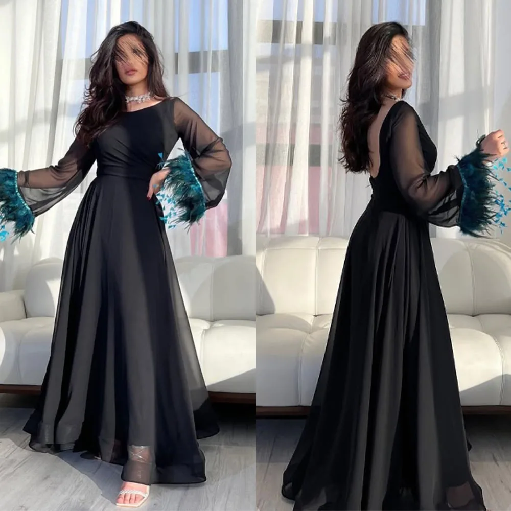 

High Quality Customized O-neck Black Feathers Ankle Length Black Tulle Full Sleeves Elegant Dress Women for Wedding Party فستان
