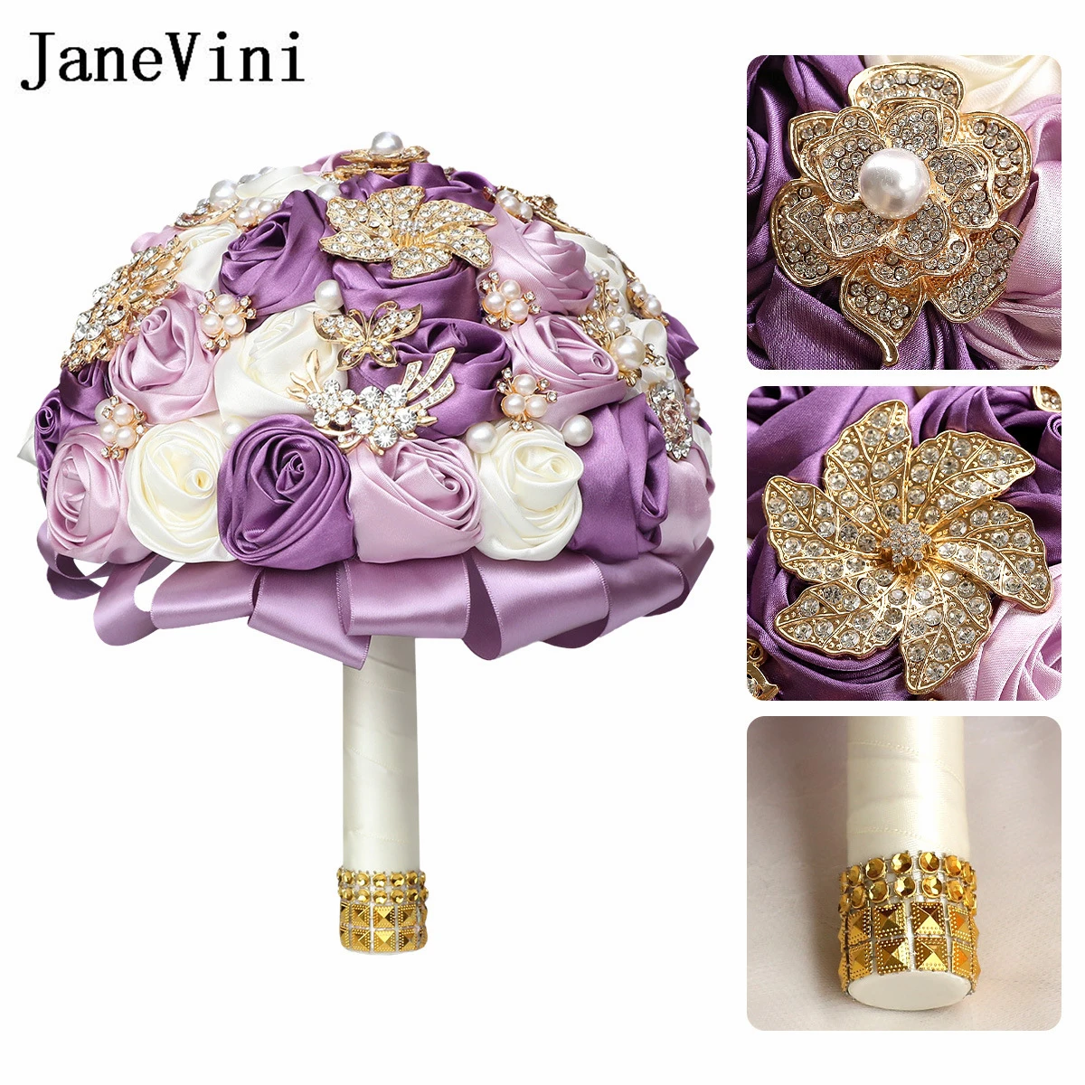 JaneVini ślub Luxury Gold Rhinestones Wedding Bouquet Bling Crystal Purple Roses Artificial Bridal Flowers Bouquets Gelin Buketi