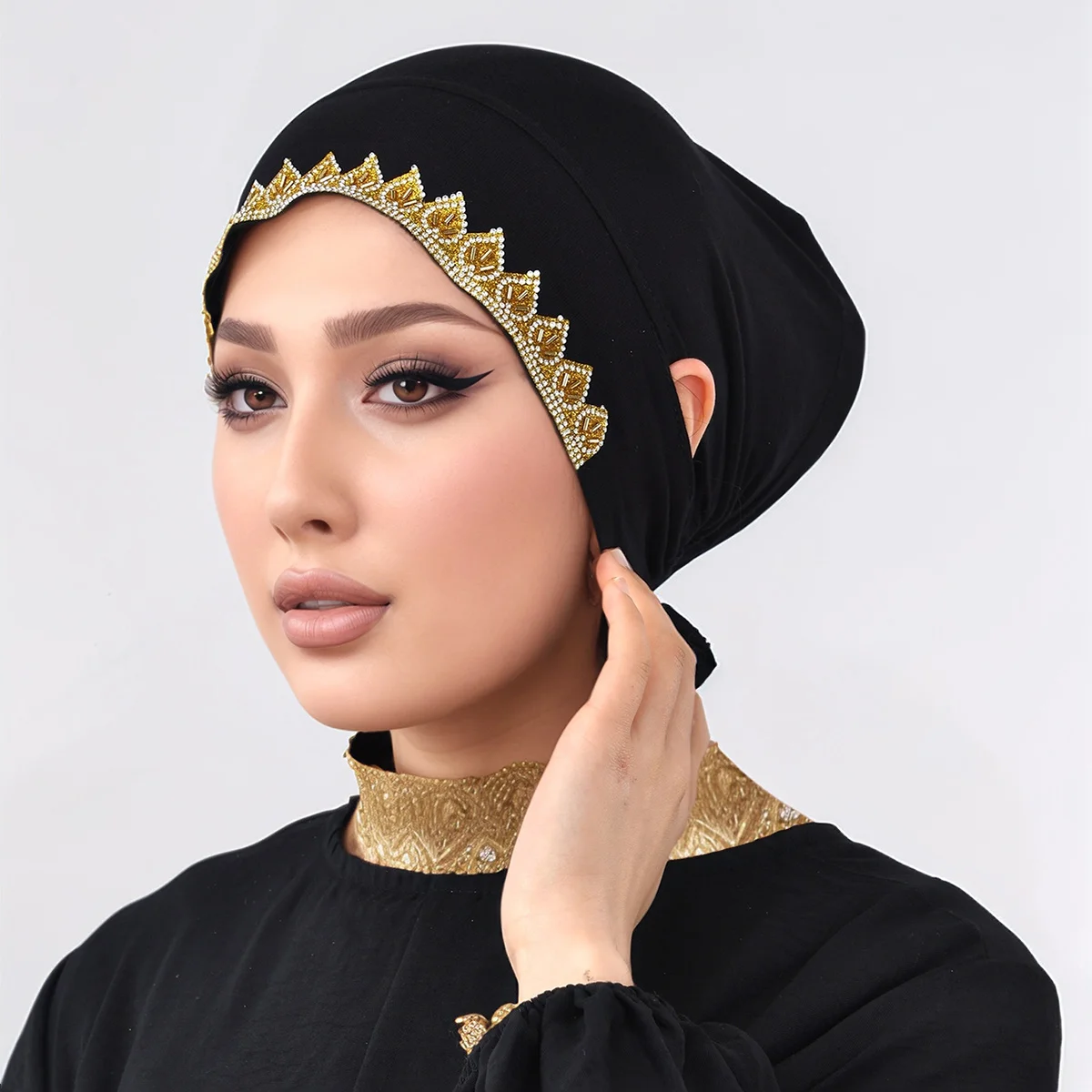 

Leaking Ears Caps Tie Back Women Jersey Hijab Elasticity Caps Muslim Inner Hijab Solid Color Strap Hat Bottom Caps
