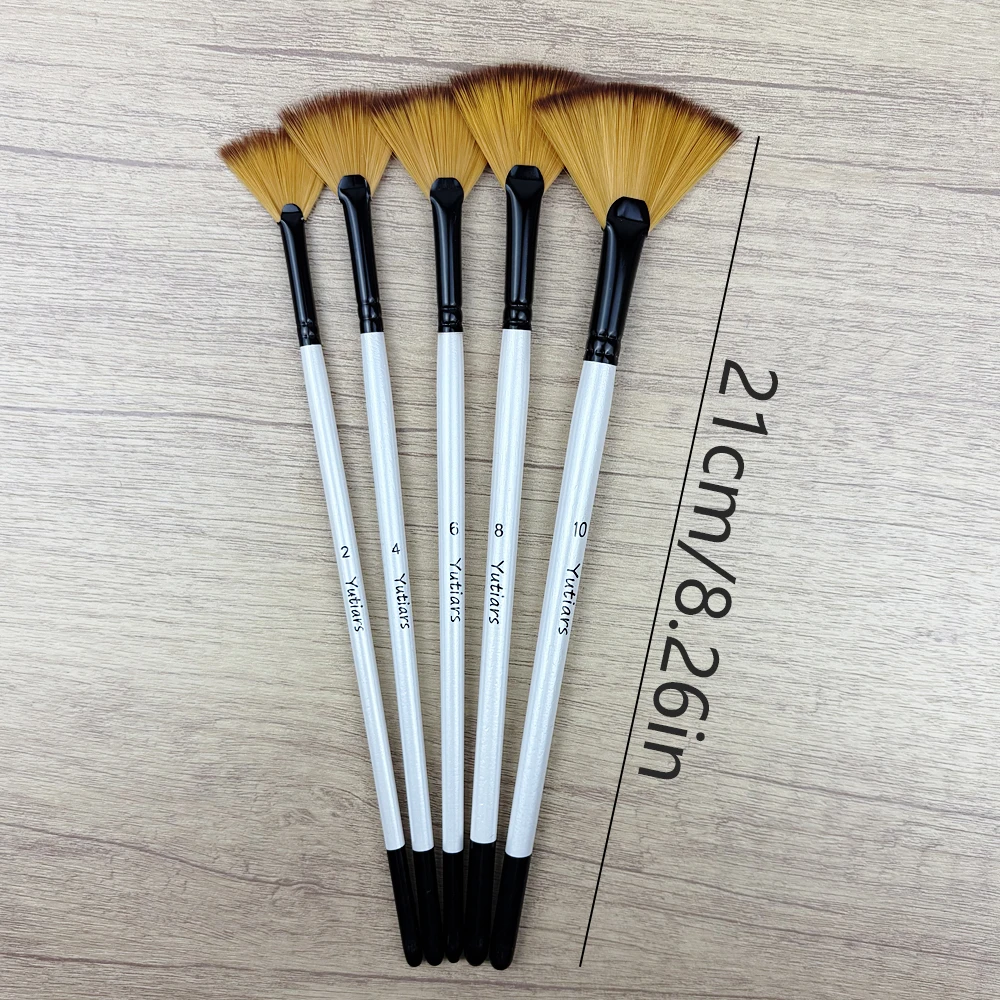 10pcs Fan Paint Brush Set Watercolor Paint Brushes Long Wood Handles Anti-Shedding Nylon Hair Painting Brush for Acrylic Oil