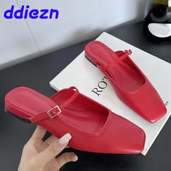 New Red Footwear Flats Slippers Mules Shoes For Women Female Designer Fashion Square Toe Ladies Flats Slippers Sandals Shoes