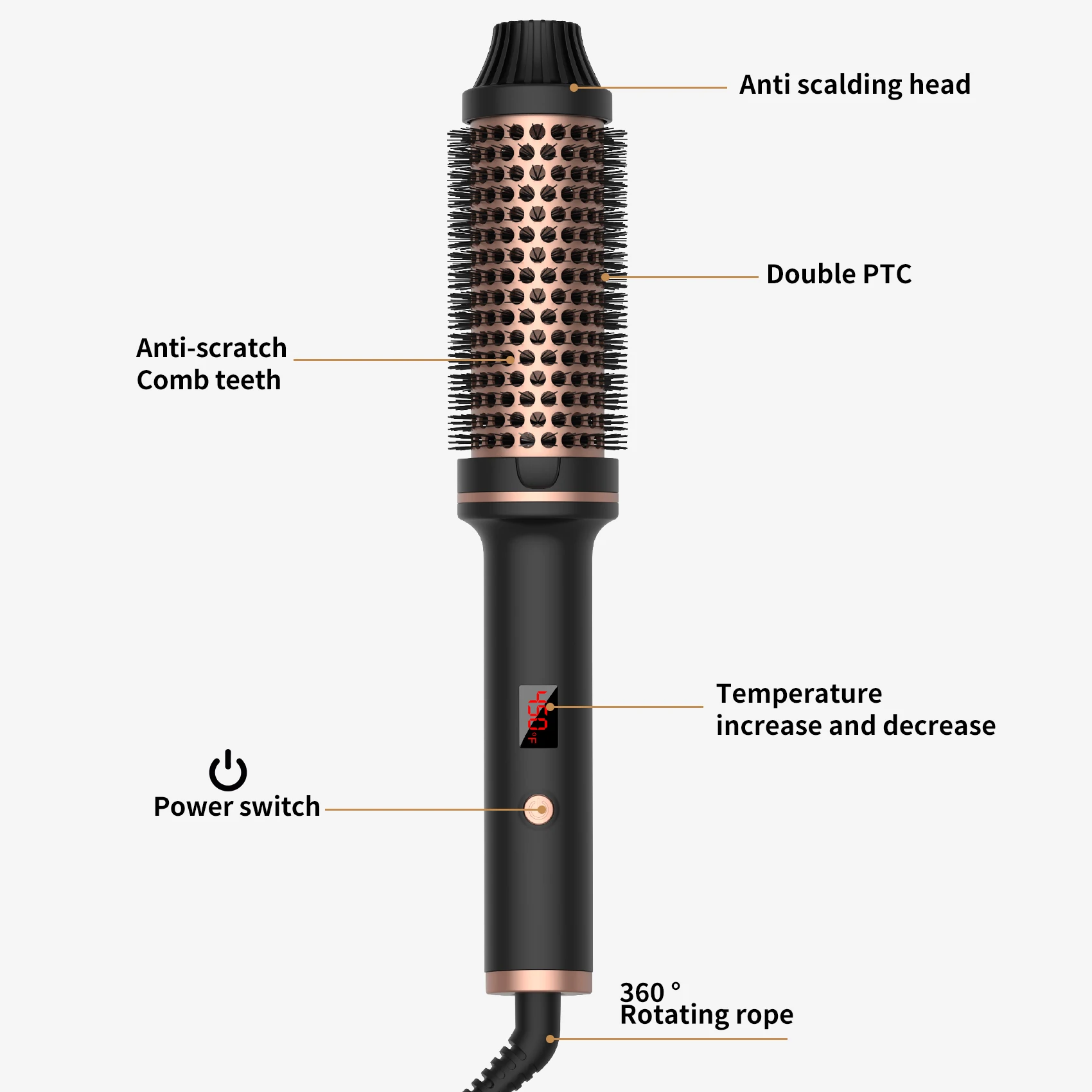 Electric Ceramic PTC Fast Heating Straightener Brush Portable Ionic Round Hot Hair Brush with LCD Temperature Display