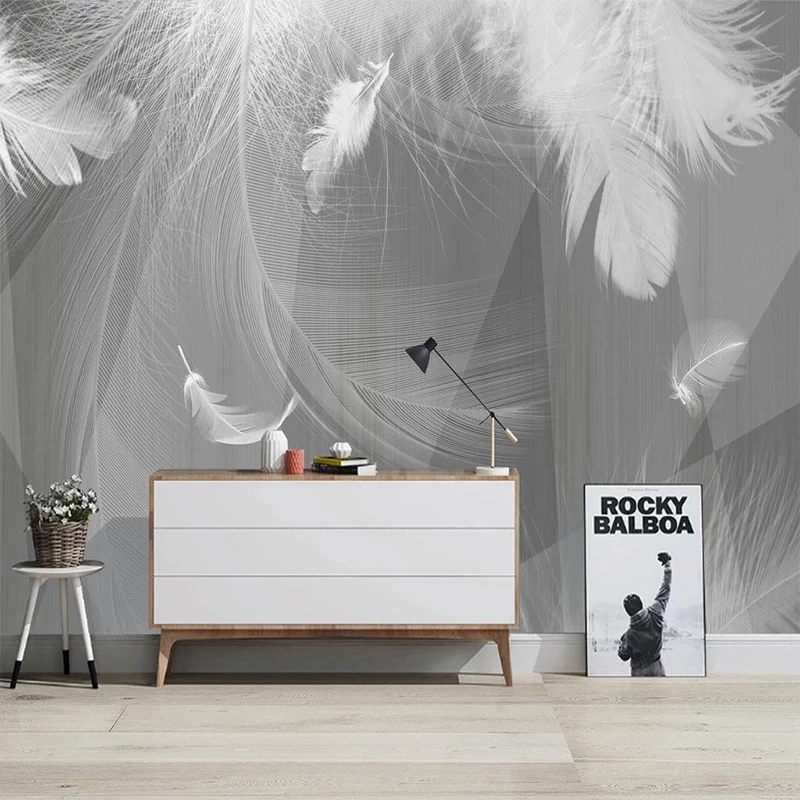 Custom Wallpaper Black White Gray 3D Geometric White Feather Art Mural Modern Bedroom Living room TV background wall restaurant