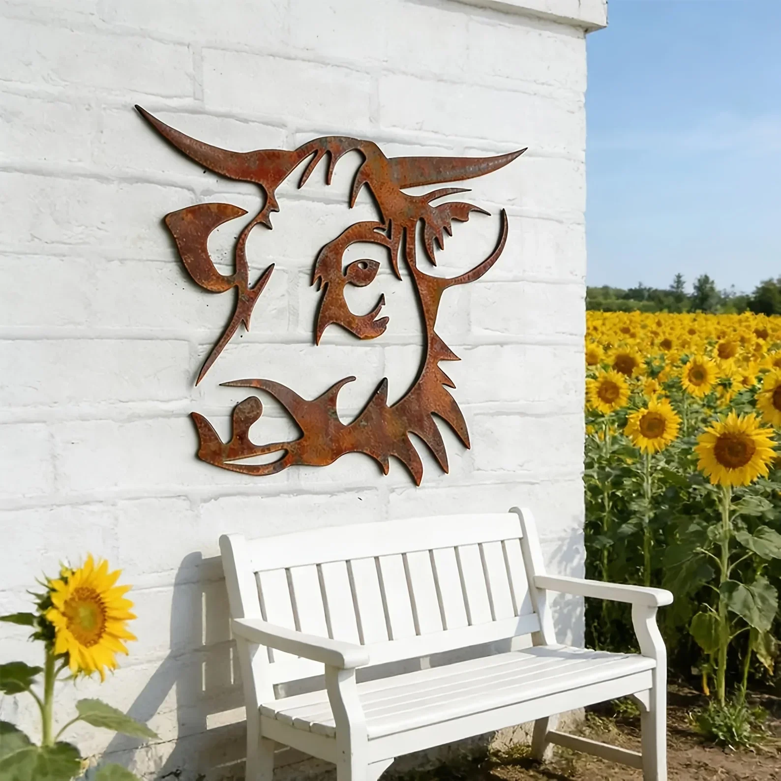 [2D Flat] Natural Rust Highland Cow Head Metal Wall Decor Farm Patio Metal Ornaments Western Style Indoor Outdoor Yard Wall Art