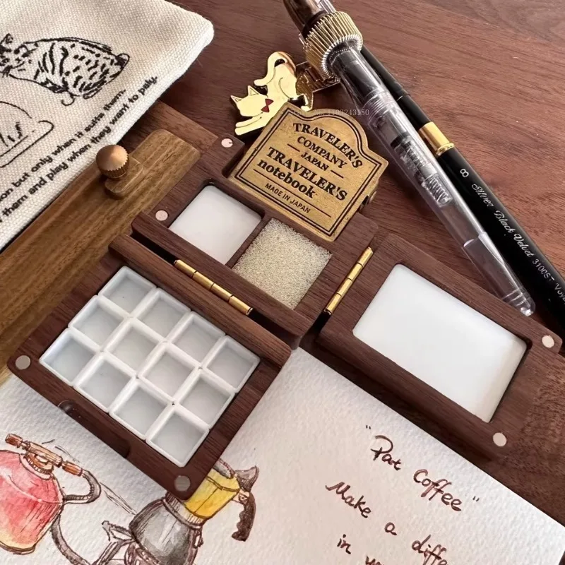 Tri-fold 12color Watercolor Travel Box Creative Pure Handmade Ins-style Wooden Paint Box Outdoor Sketch Painting Ceramic Palette