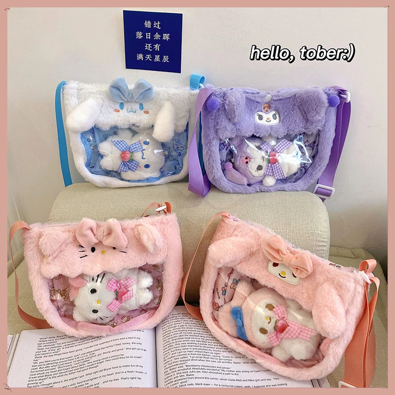 Japanese Cute Transparent PVC Children's Bag Plush Toy Cartoon Bag 2024 New Sanrio Doll Diagonal Straddle Bag with Jewelry Gift