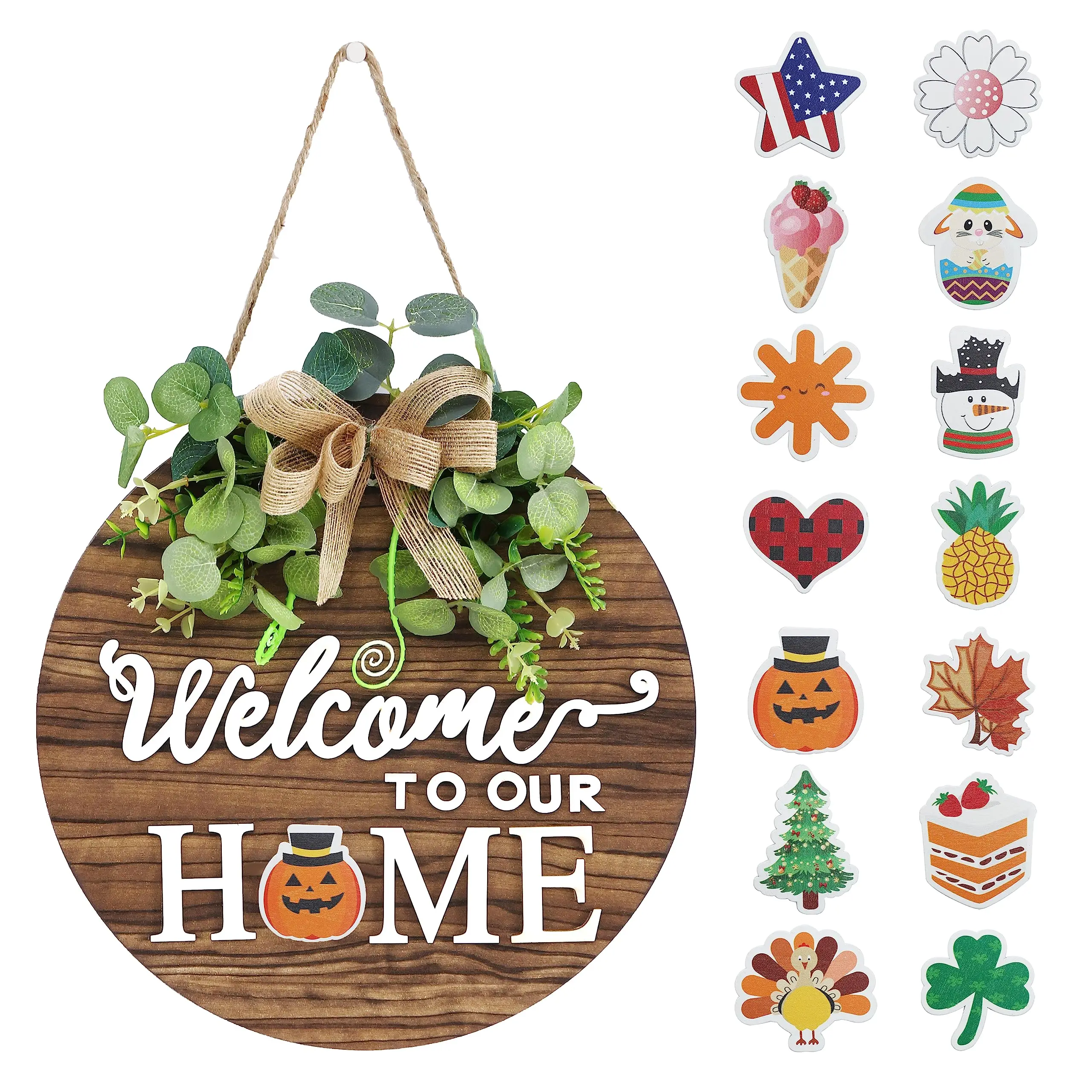 Interchangeable Seasonal Welcome Sign Front Door Decoration, Wood Wreaths for All Seasons Holiday Halloween Christmas.
