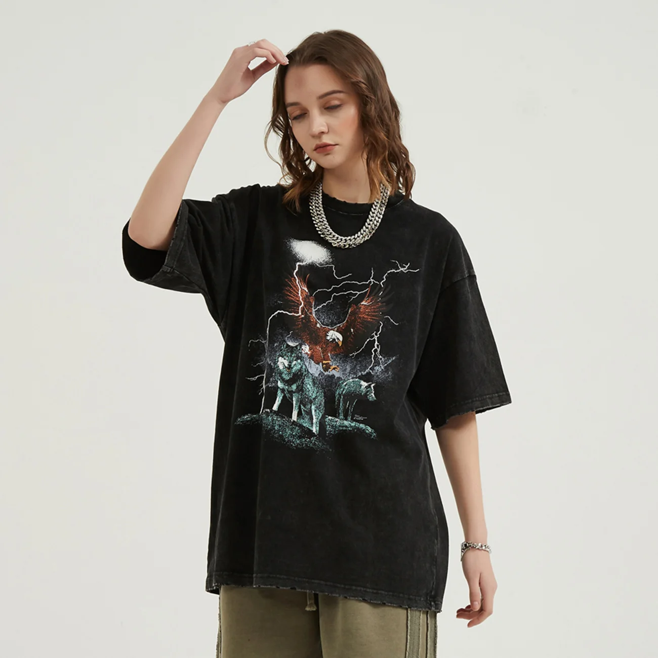 

Hip Men Hop Harajuku T-Shirt 2022 Summer Animal Lightning Print Washed Oversized Harajuku Cotton Short Sleeve