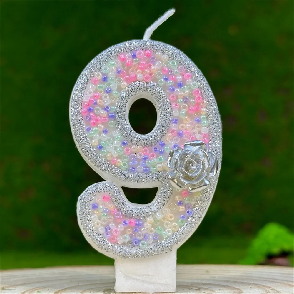 Sparkly Silvery Birthday Party Candles Bead Rose Digital Candles DIY 0-9 Number Cake Candle Cake Topper Decoration Supplies