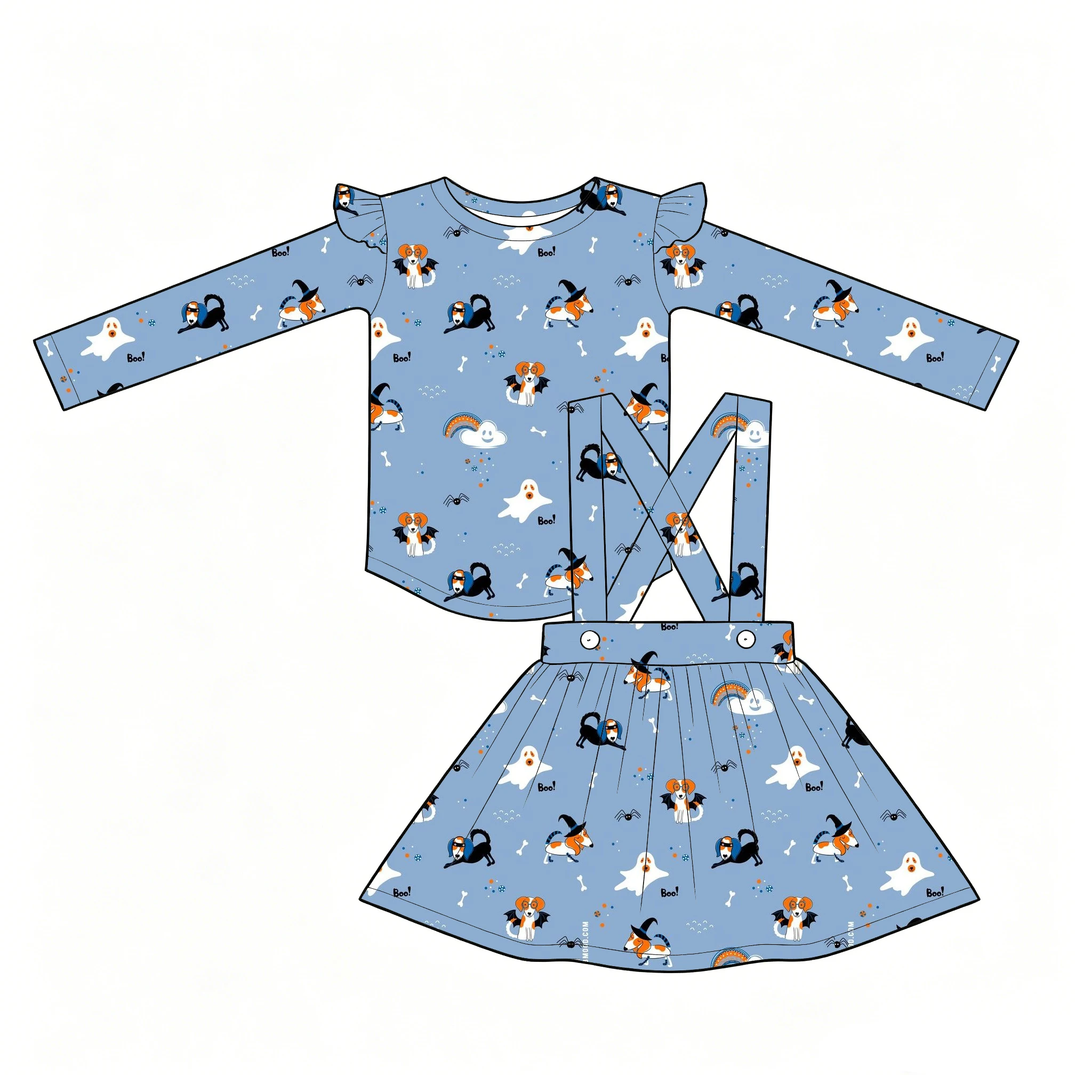 Boutique kid's Girls' set Long-sleeved top Pair with a pinafore dress ruffles Button Halloween Series prints wholesale