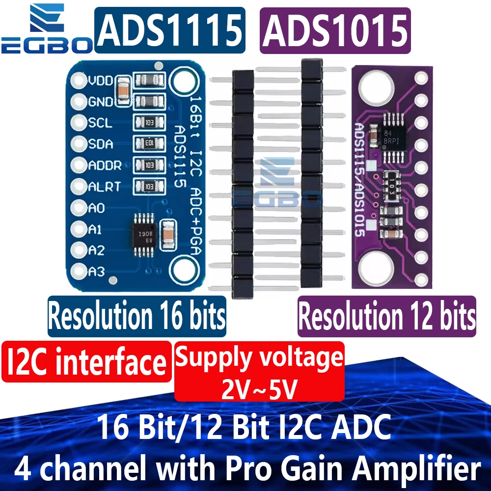 EGBO-Módulo ADS1015 para Arduino, amplificador de 4 canales con ganancia Pro, púrpura y azul para Arduino RPi, de 1 piezas a 10 piezas, 12 bits/16 bits, I2C, ADS1115