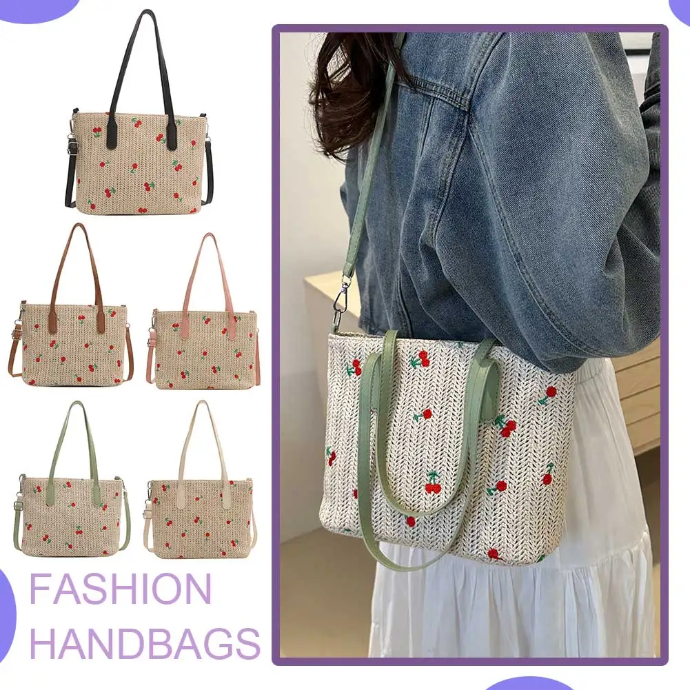 

Cherry Straw Woven Tote Bag Trendy Commuting Bag Large Capacity Simple Messenger Bag Adjustable Strap for Party Vacation