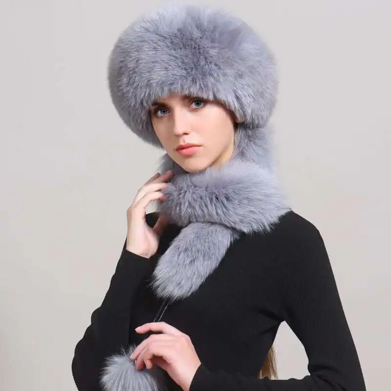 Winter Real Fur Hat Women Natural Fox Fur Russian Ushanka Hats Thick Warm Fluffy Female Tail Cap Fashion Bomber Snow Ski Caps