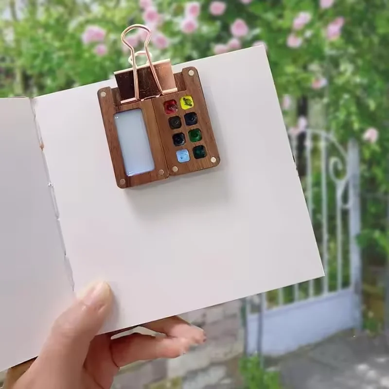15 Grid Wooden Palette Box - Portable Mini Watercolor Case for Travel & Sketching, Walnut Color Paint Mixing Board