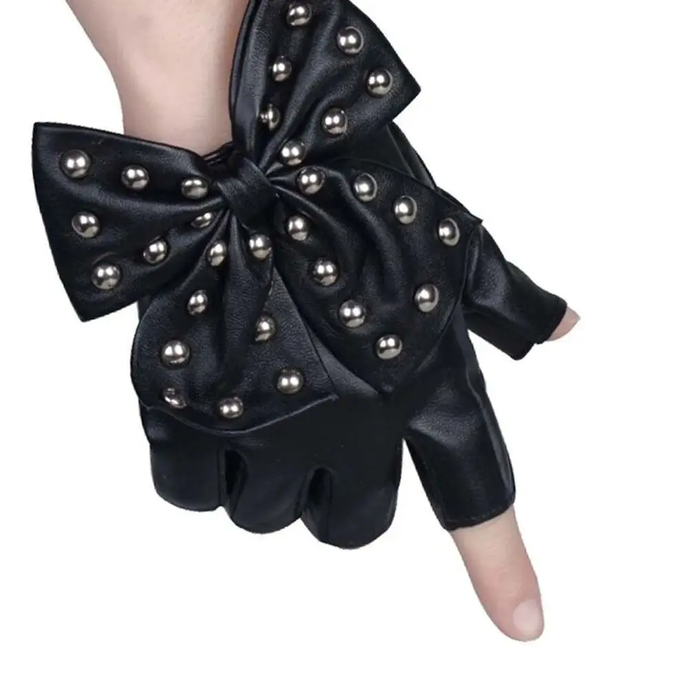 New Big Bow Dancing Gloves Imitation Leather Rivet Street Dance Half Finger Gloves Korean Anime PU Material Women Gloves
