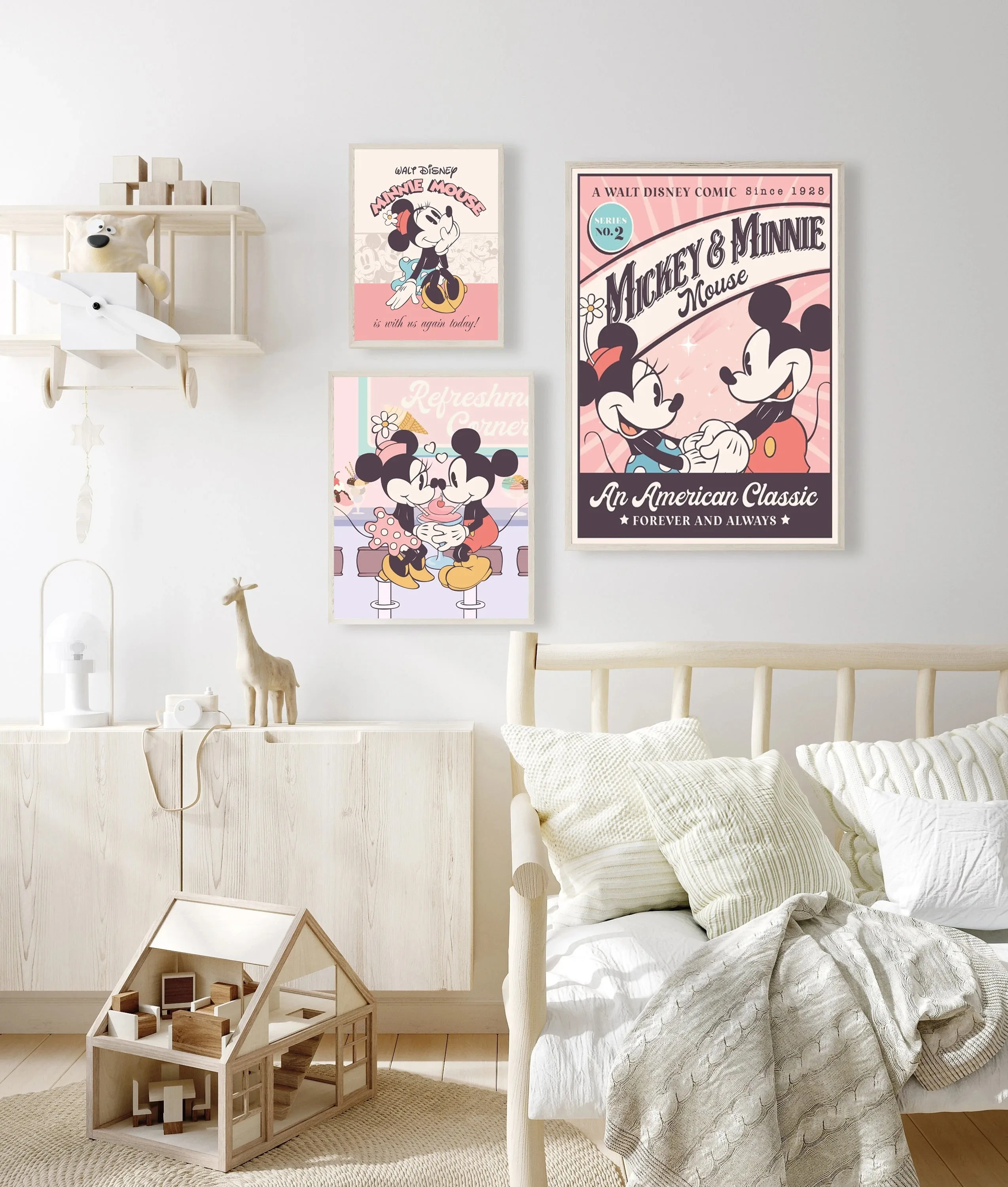 MINISO Disney Vintage Mickey and Minnie Canvas Poster Disney Cartoon Wall Prints Disneyland Party Decor For Nursery Kids Room