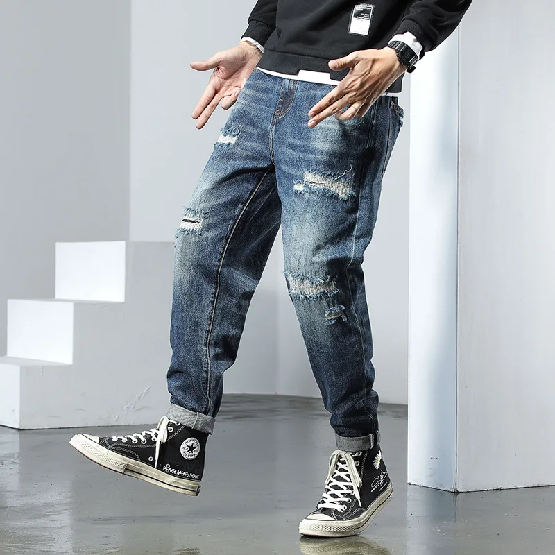 

Autumn and winter ripped jeans men's large size scratched wide-leg pants new patch beggar pants trend casual pants