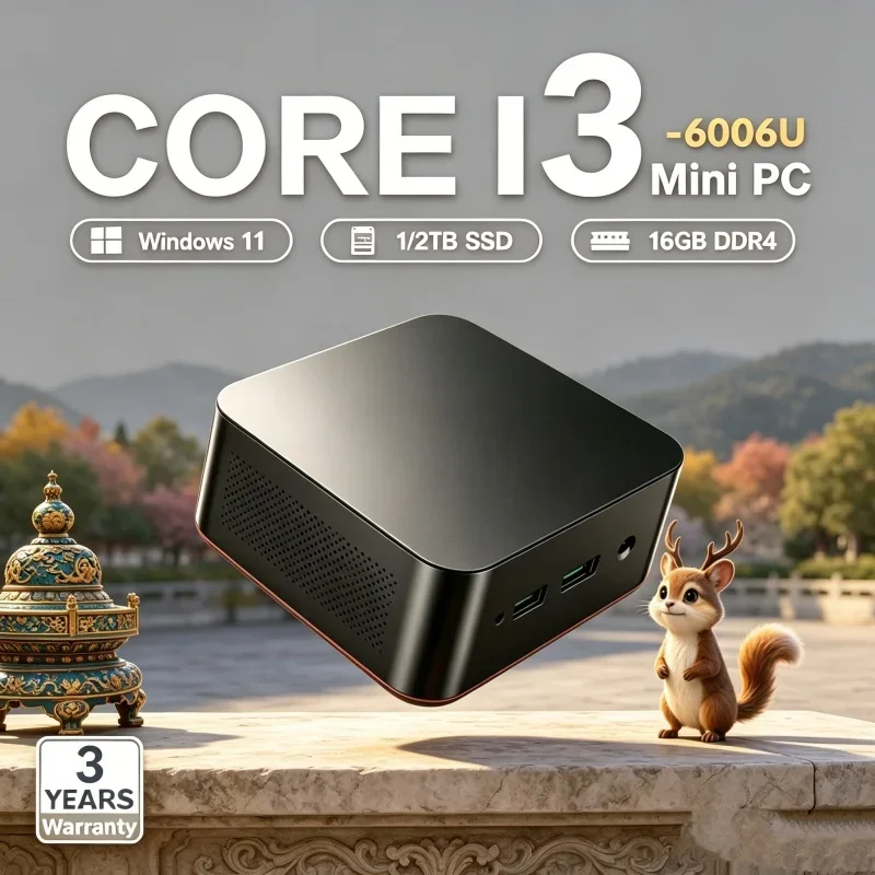 2026년형 화려하고 슬림한 미니 PC 윈도우 11 프로 코어 i3 6006U 램 1TB SSD WIFI 6 BT5.2 4K HD 반짝이는 부드러운 게이밍 홈용