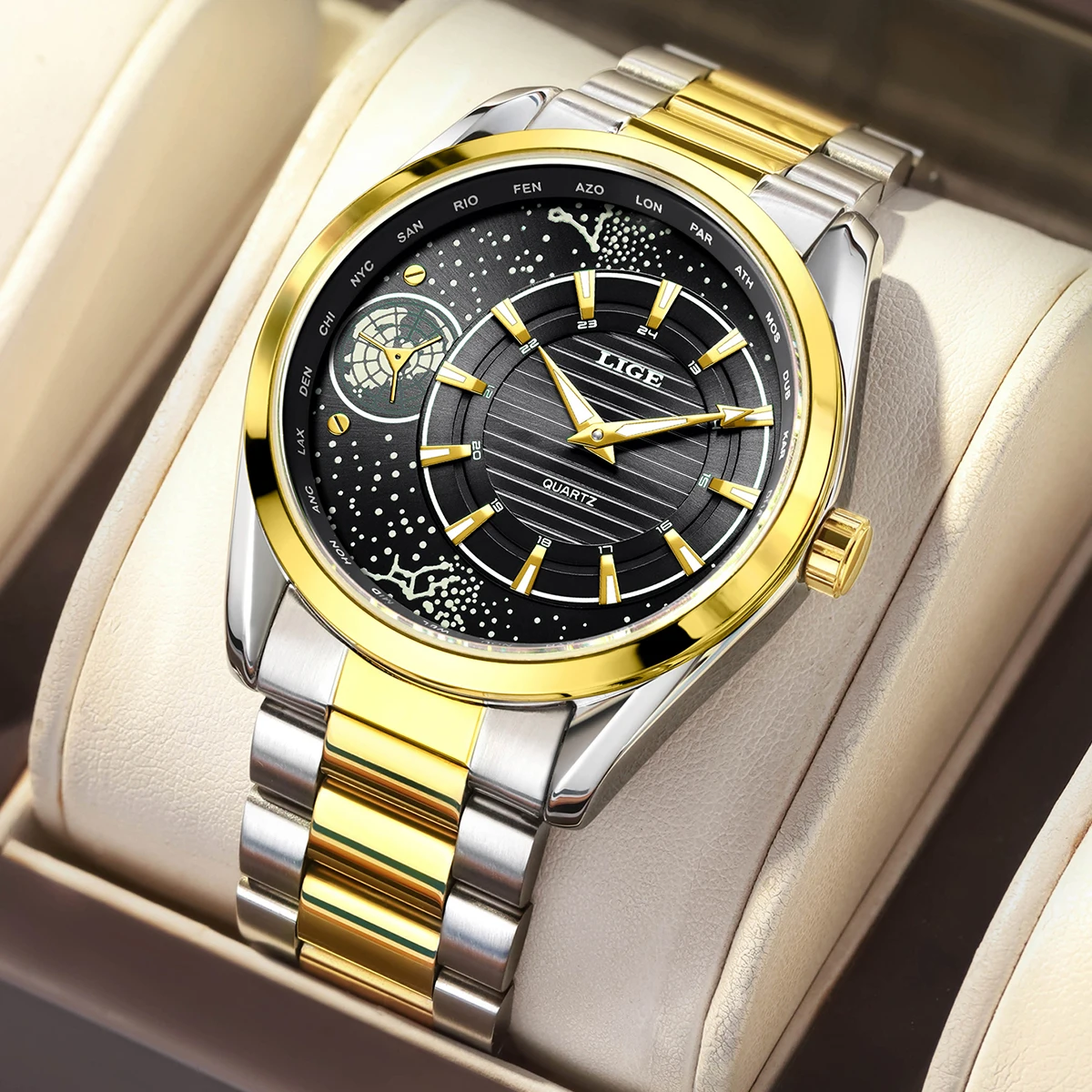 LIGE Men Watches Creative Stainless Steel Golden Quartz Wristwatch for Man Luminous Waterproof Male Clock Relogio Masculino+Box