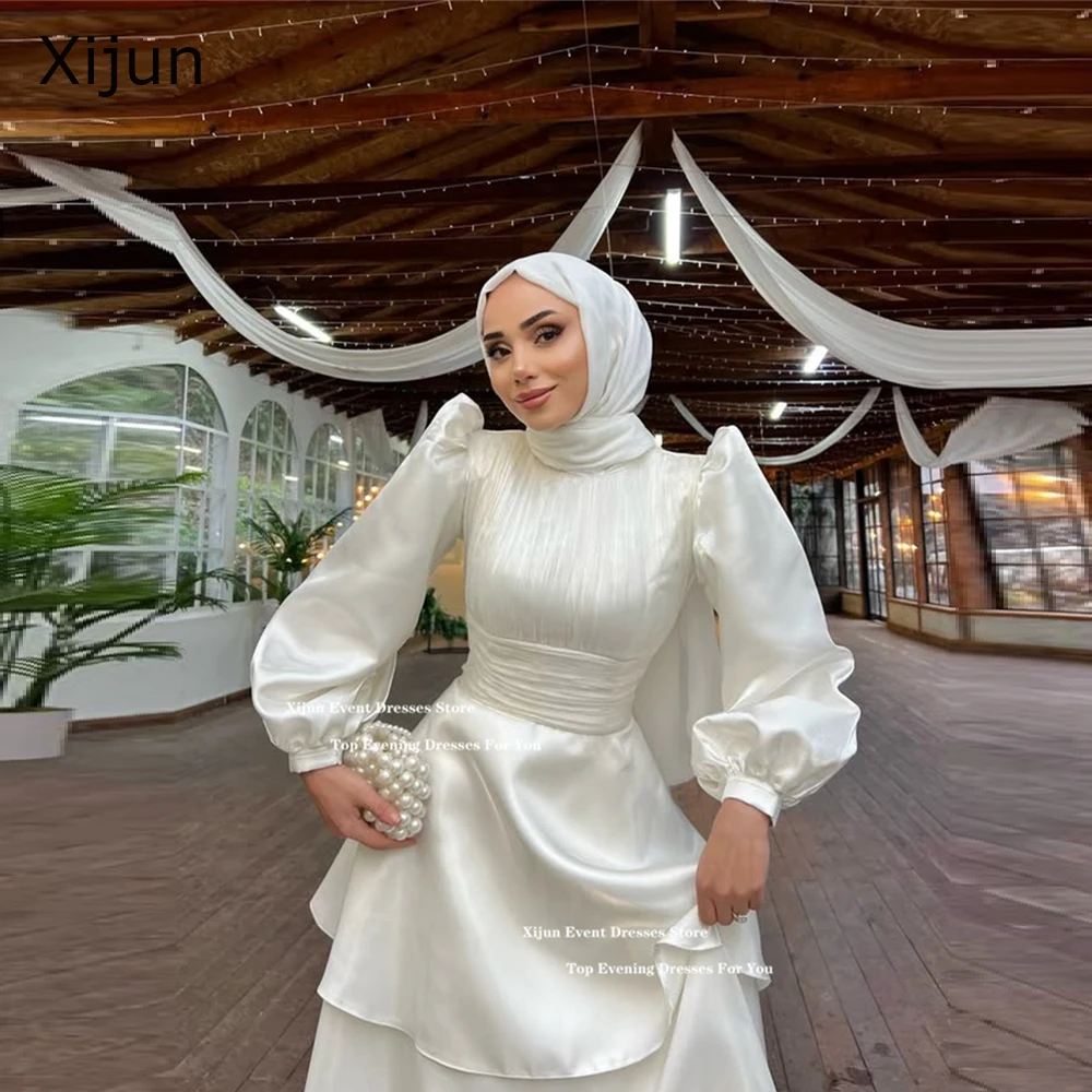 Xijun Modest Ivory Satin Evening Dresses Long Sleeves Tiered Formal Prom Dresses Button A-Line Muslim Prom Gowns 2025 Customized