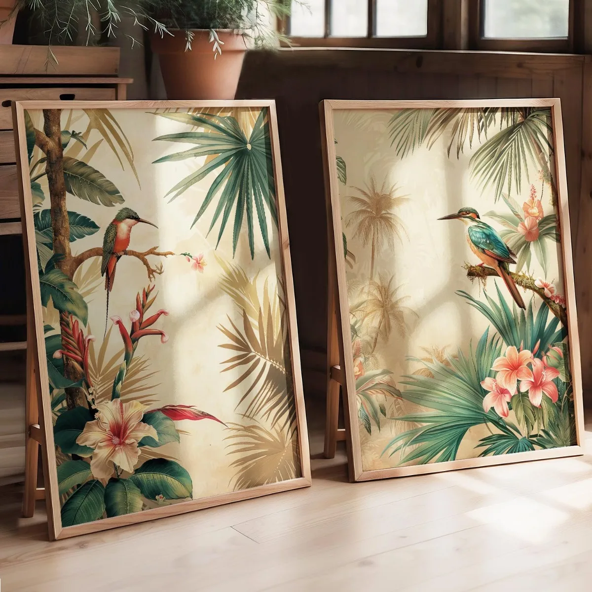 2pcs Frameless Canvas Wall Art,2pcs/set Bohemian Tropical Floral Bird Canvas Print Poster Vintage Cottagecore Botanical Art Prin