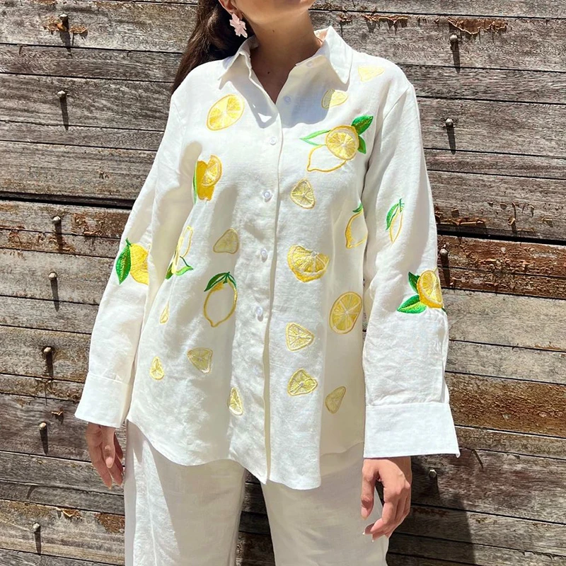 

Women Simple Button Beach Vacation Outfits Fashion Embroidery Pattern Printed Loose 2 Piece Leisure Lapel Shirts&Long Pants Sets